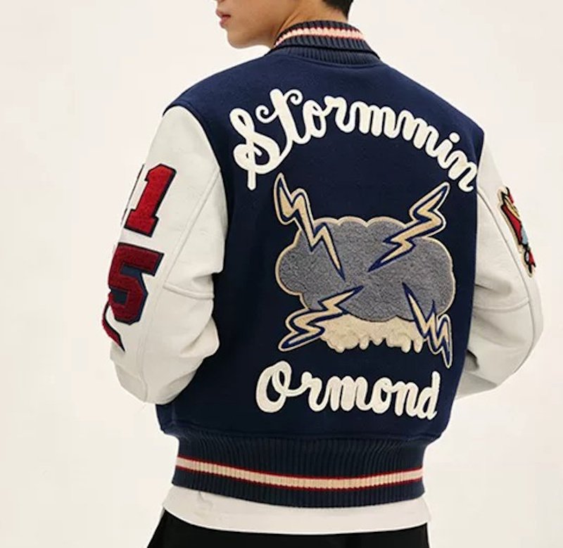 画像3: Leather-Sleeve Varsity Jacket with Lightning Embroidery baseball uniform jacket blouson ユニセックス男女兼用ライトニング雷刺繍スタジアムジャンパー スタジャン ジャケットブルゾン (3)