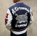画像5: Leather-Sleeve Varsity Jacket with Lightning Embroidery baseball uniform jacket blouson ユニセックス男女兼用ライトニング雷刺繍スタジアムジャンパー スタジャン ジャケットブルゾン (5)