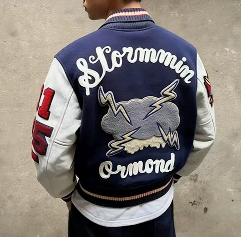 画像5: Leather-Sleeve Varsity Jacket with Lightning Embroidery baseball uniform jacket blouson ユニセックス男女兼用ライトニング雷刺繍スタジアムジャンパー スタジャン ジャケットブルゾン (5)