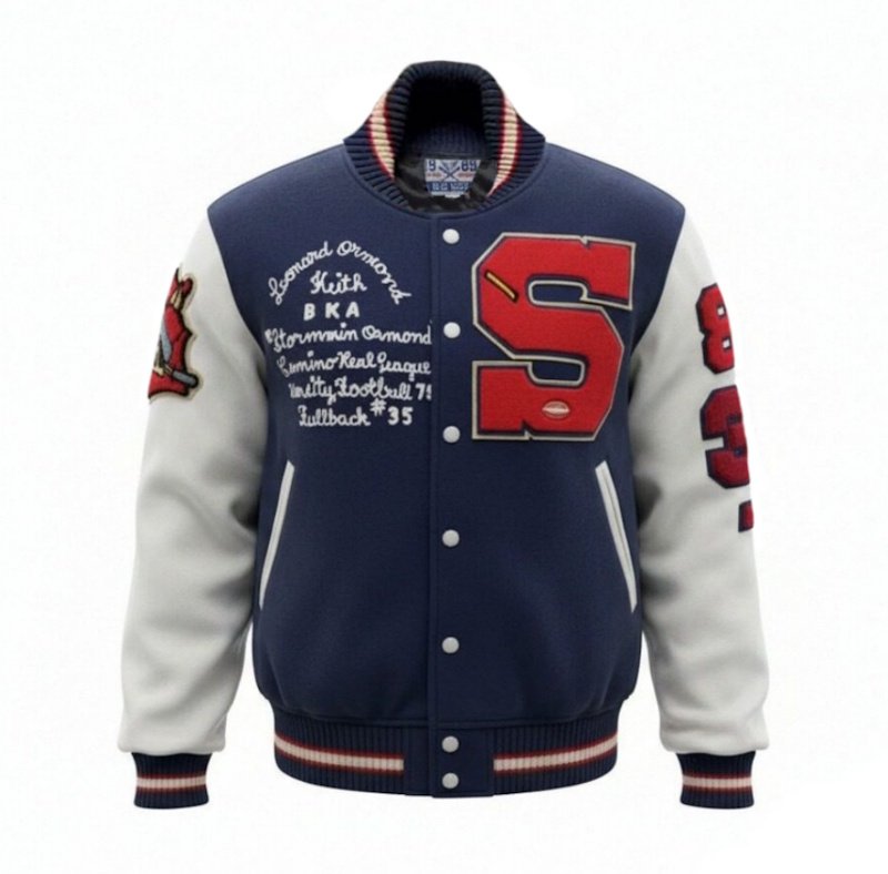 画像2: Leather-Sleeve Varsity Jacket with Lightning Embroidery baseball uniform jacket blouson ユニセックス男女兼用ライトニング雷刺繍スタジアムジャンパー スタジャン ジャケットブルゾン (2)