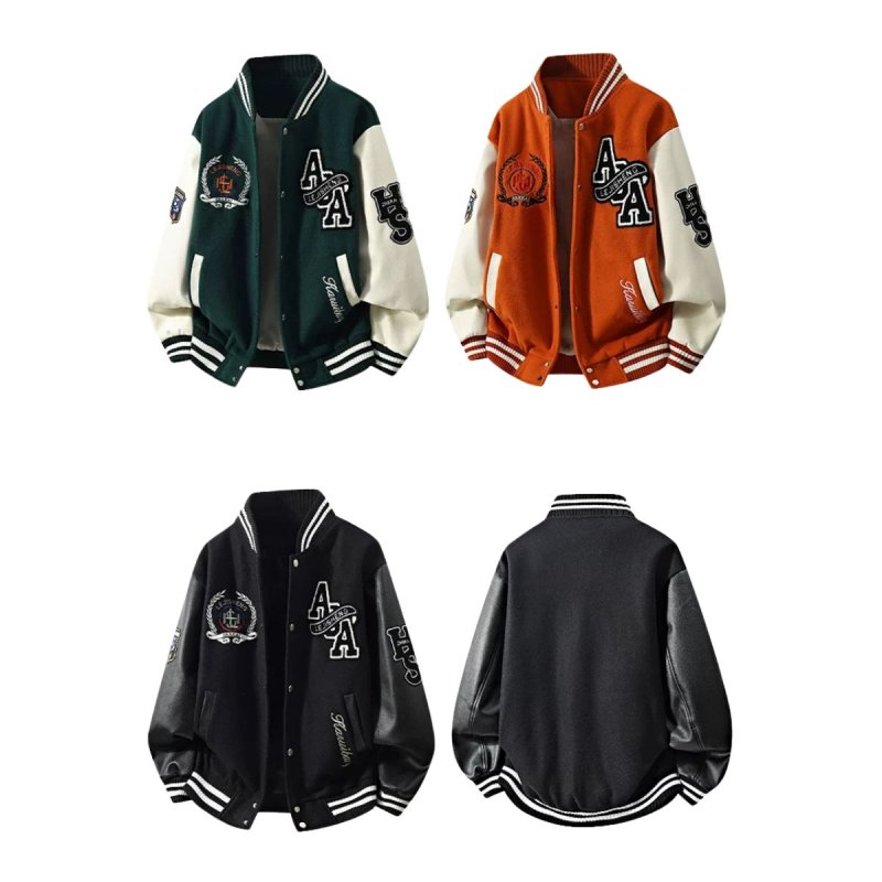 画像5: Leather-Sleeve Baseball Jacket with Letter & Emblem Embroidery Plus Sizes Available Jacket ユニセックス男女兼用レターエンブレム刺繍スタジアムジャンパー スタジャンプラスサイズあり  (5)