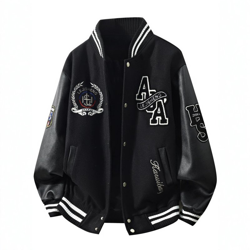 画像2: Leather-Sleeve Baseball Jacket with Letter & Emblem Embroidery Plus Sizes Available Jacket ユニセックス男女兼用レターエンブレム刺繍スタジアムジャンパー スタジャンプラスサイズあり  (2)
