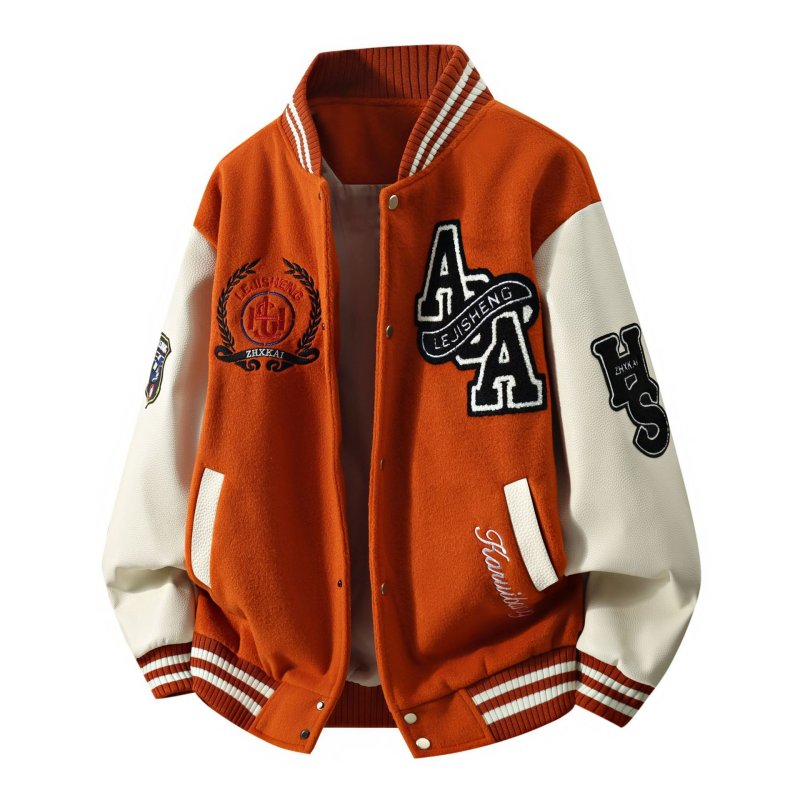 画像3: Leather-Sleeve Baseball Jacket with Letter & Emblem Embroidery Plus Sizes Available Jacket ユニセックス男女兼用レターエンブレム刺繍スタジアムジャンパー スタジャンプラスサイズあり  (3)