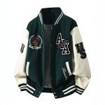 画像1: Leather-Sleeve Baseball Jacket with Letter & Emblem Embroidery Plus Sizes Available Jacket ユニセックス男女兼用レターエンブレム刺繍スタジアムジャンパー スタジャンプラスサイズあり  (1)