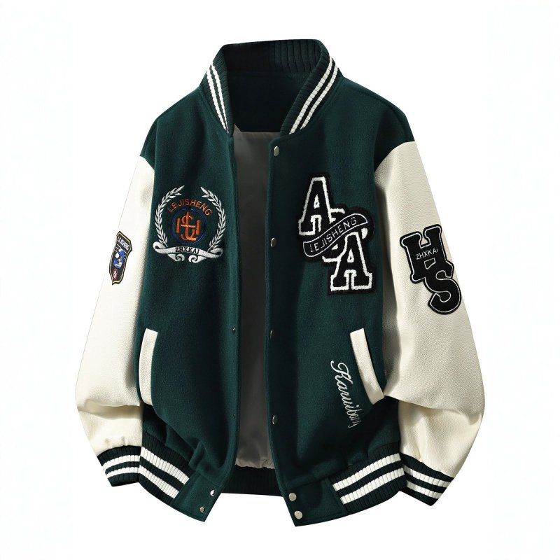 画像1: Leather-Sleeve Baseball Jacket with Letter & Emblem Embroidery Plus Sizes Available Jacket ユニセックス男女兼用レターエンブレム刺繍スタジアムジャンパー スタジャンプラスサイズあり  (1)