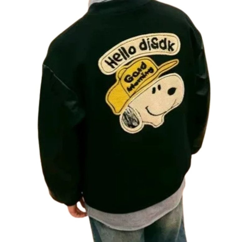 画像4: Snoopy Embroidered Leather Varsity Jacket baseball uniform jacket blouson ユニセックス男女兼用スヌーピー刺繍レザースタジアムジャンパー スタジャン ジャケットブルゾン (4)