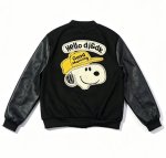 画像1: Snoopy Embroidered Leather Varsity Jacket baseball uniform jacket blouson ユニセックス男女兼用スヌーピー刺繍レザースタジアムジャンパー スタジャン ジャケットブルゾン (1)