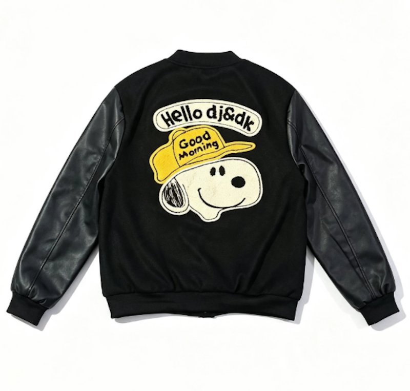 画像1: Snoopy Embroidered Leather Varsity Jacket baseball uniform jacket blouson ユニセックス男女兼用スヌーピー刺繍レザースタジアムジャンパー スタジャン ジャケットブルゾン (1)