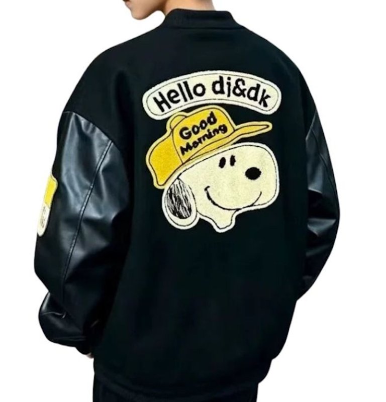 画像2: Snoopy Embroidered Leather Varsity Jacket baseball uniform jacket blouson ユニセックス男女兼用スヌーピー刺繍レザースタジアムジャンパー スタジャン ジャケットブルゾン (2)