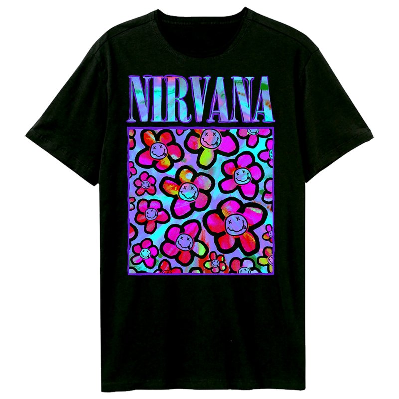 画像1: Unisex Nirvana Neon Flower Print T-Shirt 男女兼用 ニルヴァーナ× 蛍光フラワープリント ヴィンテージ風 半袖ラウンドネック Tシャツ ユニセックス 男女兼用 バンドT (1)