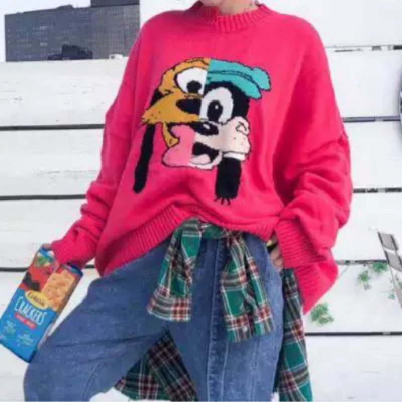 画像2: Women's Disney's Split Pluto And Goofy  Wool Sweater グーフィー プルート イレギュラー アシンメトリー 変形 ドック柄 長袖セーター プルオーバー　 (2)