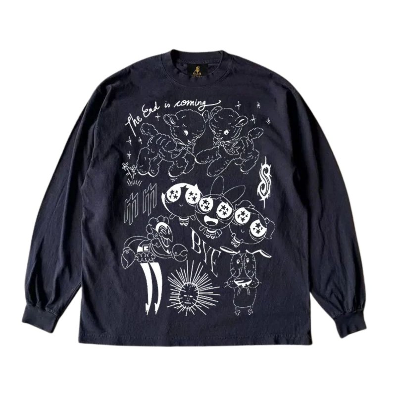 画像1: Vintage The Powerpuff Girls puff ＆baby goat Round Neck T-Shirt   ユニセックス男女兼用ビンテージパフパワフルガールズ＆ベビーゴートプリント長袖Tシャツ (1)