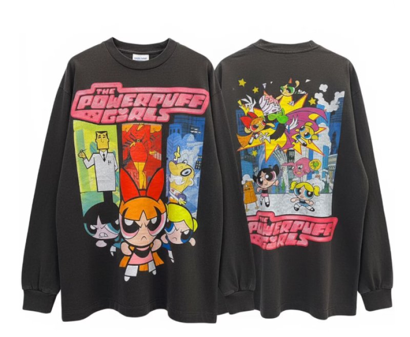 画像1: Vintage The Powerpuff Girls   Round Neck T-Shirt   ユニセックス男女兼用ビンテージスパフパワフルガールズプリント長袖Tシャツ (1)