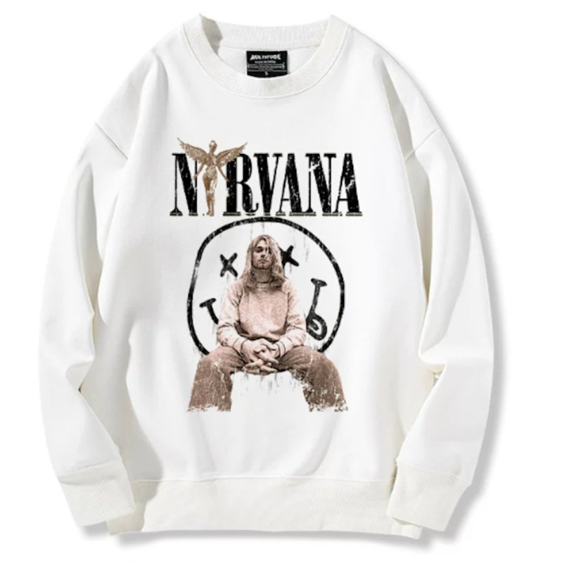 画像1: Nirvana Nirvana Kurt Cobain Photo Print x Smiley x Angel Sweatshirt ユニセックス男女兼用ニルヴァーナカートコバーンフォトプリント×スマイル×エンゼル スウェットトレーナー (1)