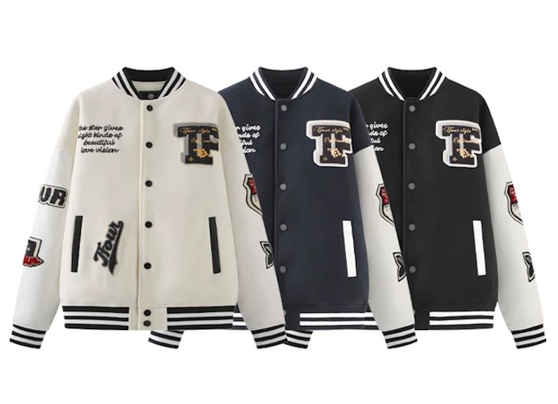 画像11: TFOUR Stand-Collar Varsity Jacket with Leather Sleeves and American-Style Embroidery　ユニセックス男女兼用TFOURスタンドカラーレザースリーブ アメリカン刺繍スタジアムジャケット (11)