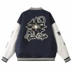 画像3: TFOUR Stand-Collar Varsity Jacket with Leather Sleeves and American-Style Embroidery　ユニセックス男女兼用TFOURスタンドカラーレザースリーブ アメリカン刺繍スタジアムジャケット (3)