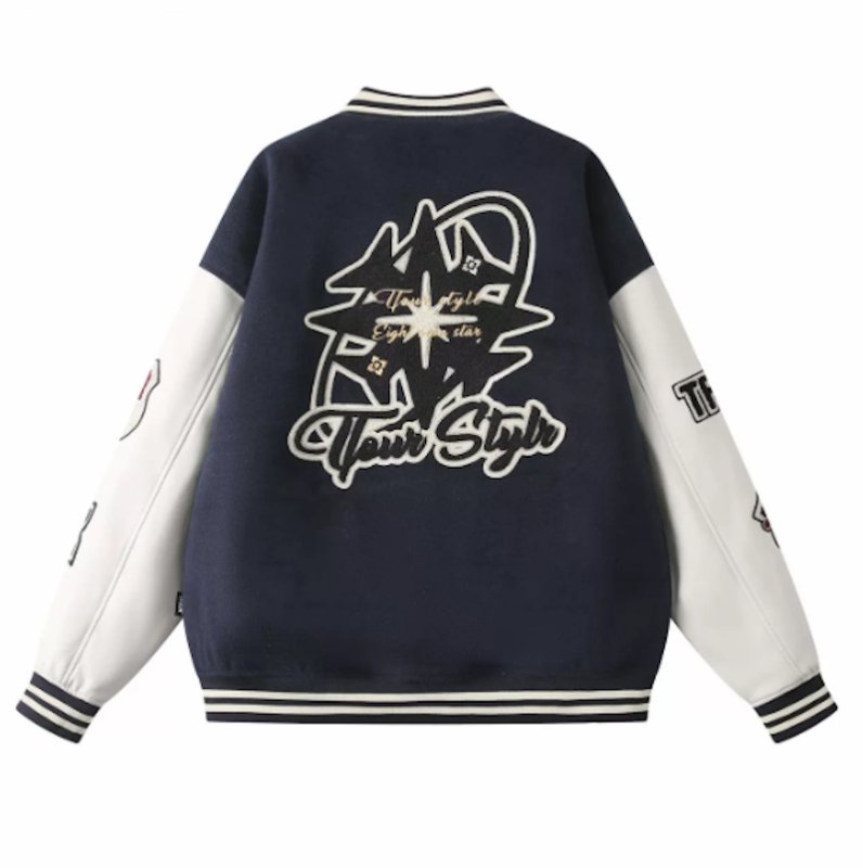 画像3: TFOUR Stand-Collar Varsity Jacket with Leather Sleeves and American-Style Embroidery　ユニセックス男女兼用TFOURスタンドカラーレザースリーブ アメリカン刺繍スタジアムジャケット (3)