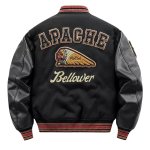 画像1: American-style embroidered patchwork leather-sleeve varsity jacket　ユニセックス男女兼用アメリカンスタイル刺繍パッチワークレザースリーブスタジアムジャケット (1)