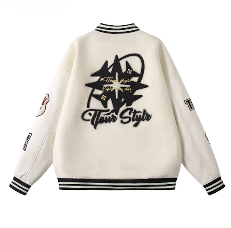 画像1: TFOUR Stand-Collar Varsity Jacket with Leather Sleeves and American-Style Embroidery　ユニセックス男女兼用TFOURスタンドカラーレザースリーブ アメリカン刺繍スタジアムジャケット (1)