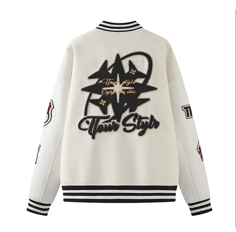 画像6: TFOUR Stand-Collar Varsity Jacket with Leather Sleeves and American-Style Embroidery　ユニセックス男女兼用TFOURスタンドカラーレザースリーブ アメリカン刺繍スタジアムジャケット (6)