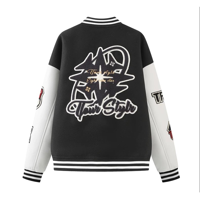 画像7: TFOUR Stand-Collar Varsity Jacket with Leather Sleeves and American-Style Embroidery　ユニセックス男女兼用TFOURスタンドカラーレザースリーブ アメリカン刺繍スタジアムジャケット (7)
