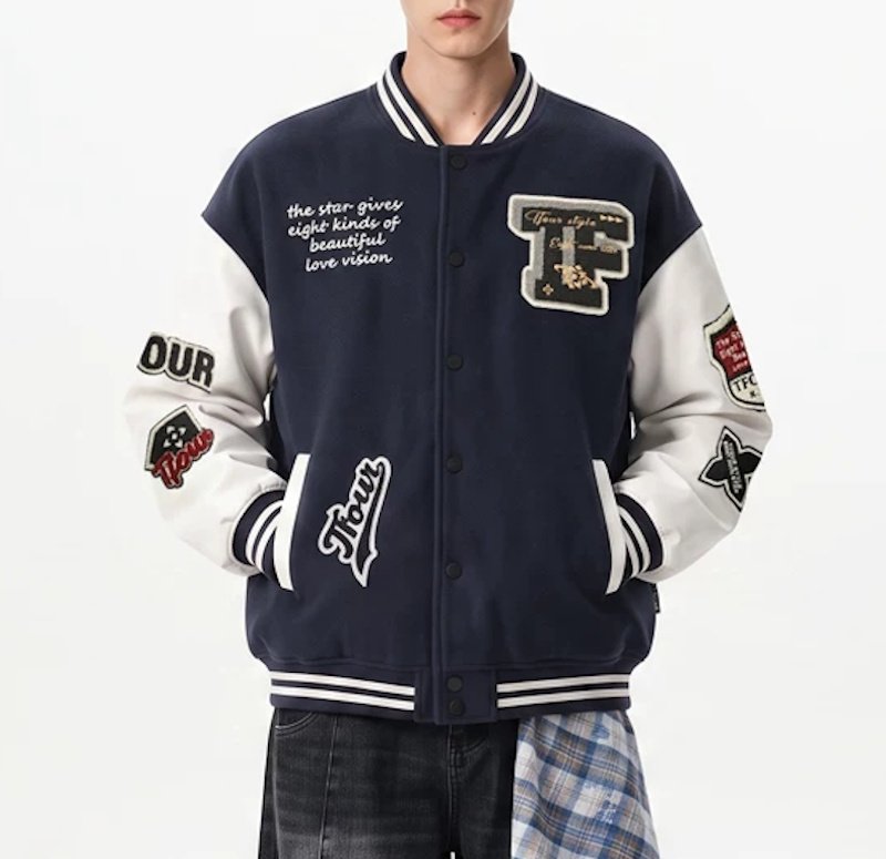 画像10: TFOUR Stand-Collar Varsity Jacket with Leather Sleeves and American-Style Embroidery　ユニセックス男女兼用TFOURスタンドカラーレザースリーブ アメリカン刺繍スタジアムジャケット (10)