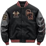 画像2: American-style embroidered patchwork leather-sleeve varsity jacket　ユニセックス男女兼用アメリカンスタイル刺繍パッチワークレザースリーブスタジアムジャケット (2)