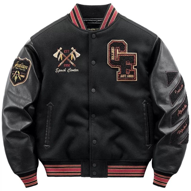 画像2: American-style embroidered patchwork leather-sleeve varsity jacket　ユニセックス男女兼用アメリカンスタイル刺繍パッチワークレザースリーブスタジアムジャケット (2)