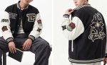 画像9: TFOUR Stand-Collar Varsity Jacket with Leather Sleeves and American-Style Embroidery　ユニセックス男女兼用TFOURスタンドカラーレザースリーブ アメリカン刺繍スタジアムジャケット (9)