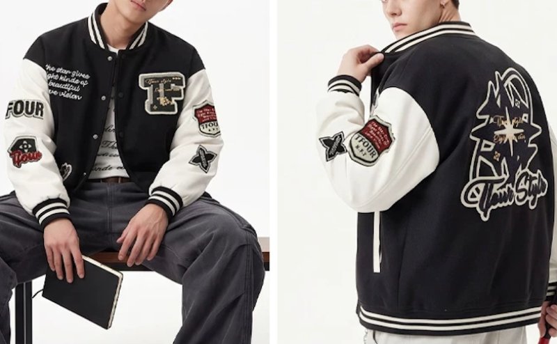 画像9: TFOUR Stand-Collar Varsity Jacket with Leather Sleeves and American-Style Embroidery　ユニセックス男女兼用TFOURスタンドカラーレザースリーブ アメリカン刺繍スタジアムジャケット (9)