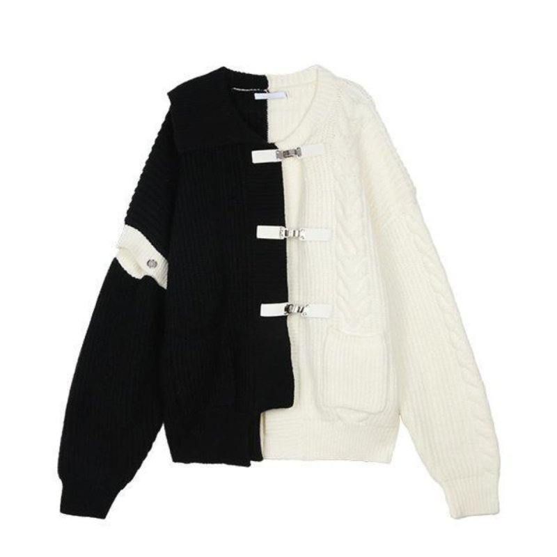 画像2: Mens Colorblock Y2K Spliced Knit Sweater irregular Cardigans イレギュラー変形 長袖セーター カーディガン プルオーバー　 (2)