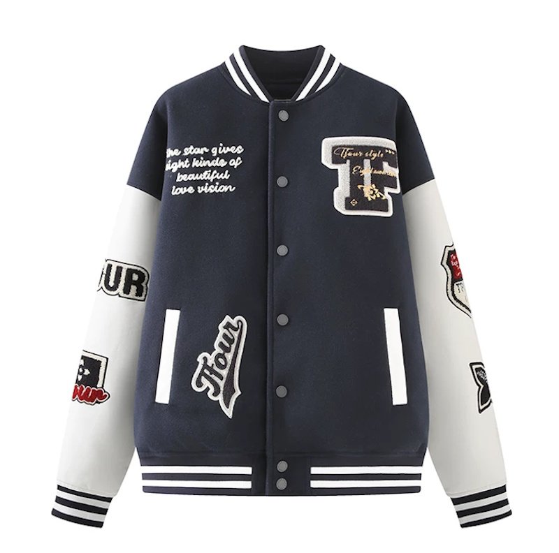 画像8: TFOUR Stand-Collar Varsity Jacket with Leather Sleeves and American-Style Embroidery　ユニセックス男女兼用TFOURスタンドカラーレザースリーブ アメリカン刺繍スタジアムジャケット (8)