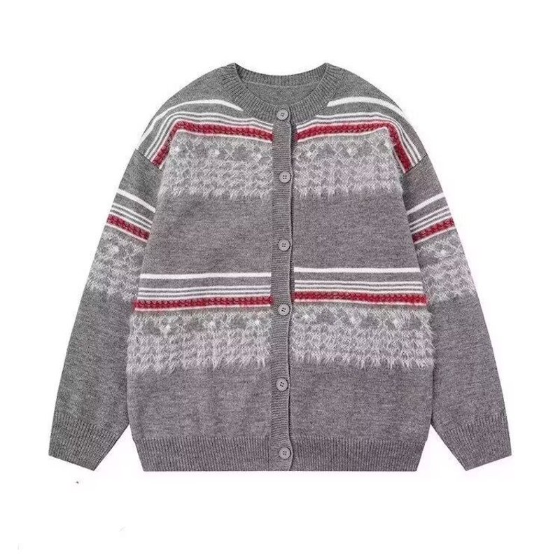 画像1:  Unisex Fair Isle Jacquard Round Neck Knit Cardigan　ユニセックス男女兼用フェアアイルジャカード織りラウンドネックニットカーディガン 長袖セーター  (1)