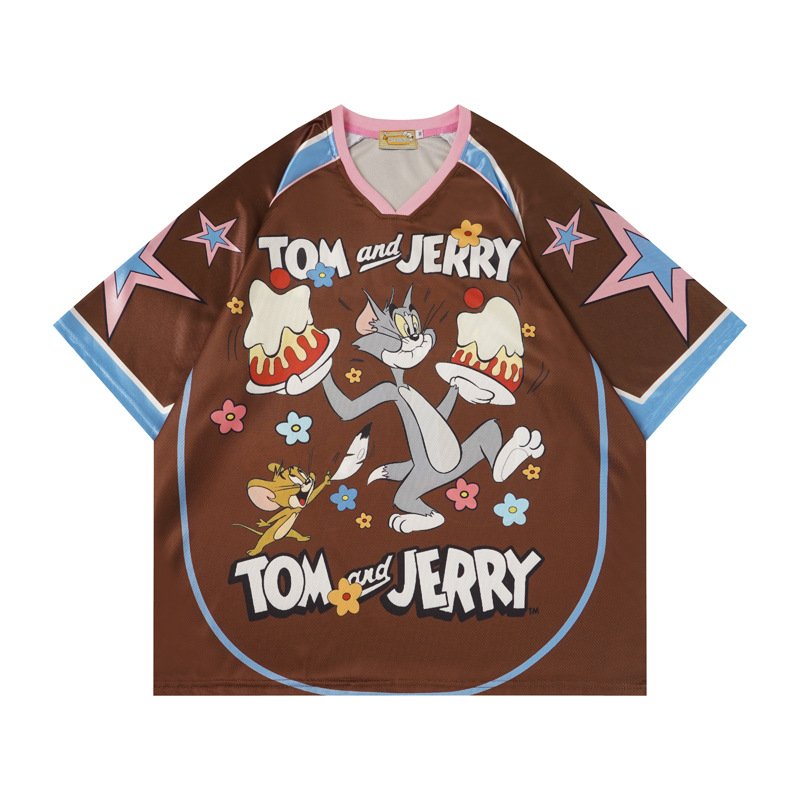画像1: Unisex Tom and Jerry ＆ Snoopy  V-Neck 3D  Uniform T-Shirt ユニセックス 男女兼用 トムとジェリー スヌーピー Vネック ユニホームTシャツ Vネック カラーブロック 半袖 (1)