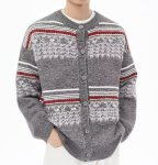 画像3:  Unisex Fair Isle Jacquard Round Neck Knit Cardigan　ユニセックス男女兼用フェアアイルジャカード織りラウンドネックニットカーディガン 長袖セーター  (3)