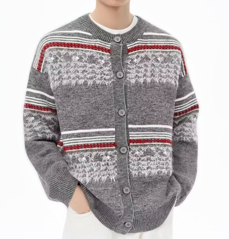 画像3:  Unisex Fair Isle Jacquard Round Neck Knit Cardigan　ユニセックス男女兼用フェアアイルジャカード織りラウンドネックニットカーディガン 長袖セーター  (3)