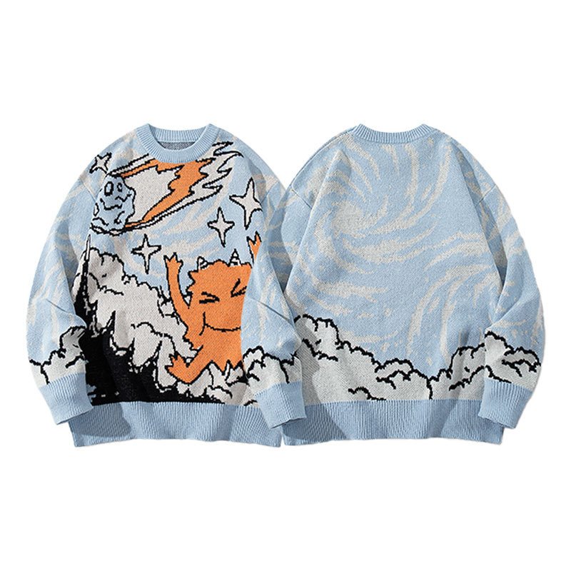 画像1: Comic-patterned cable-knit round-neck sweater ユニセックス 男女兼用 コミック編み込みクルーネックセーター (1)