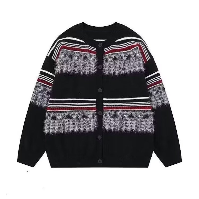 画像2:  Unisex Fair Isle Jacquard Round Neck Knit Cardigan　ユニセックス男女兼用フェアアイルジャカード織りラウンドネックニットカーディガン 長袖セーター  (2)