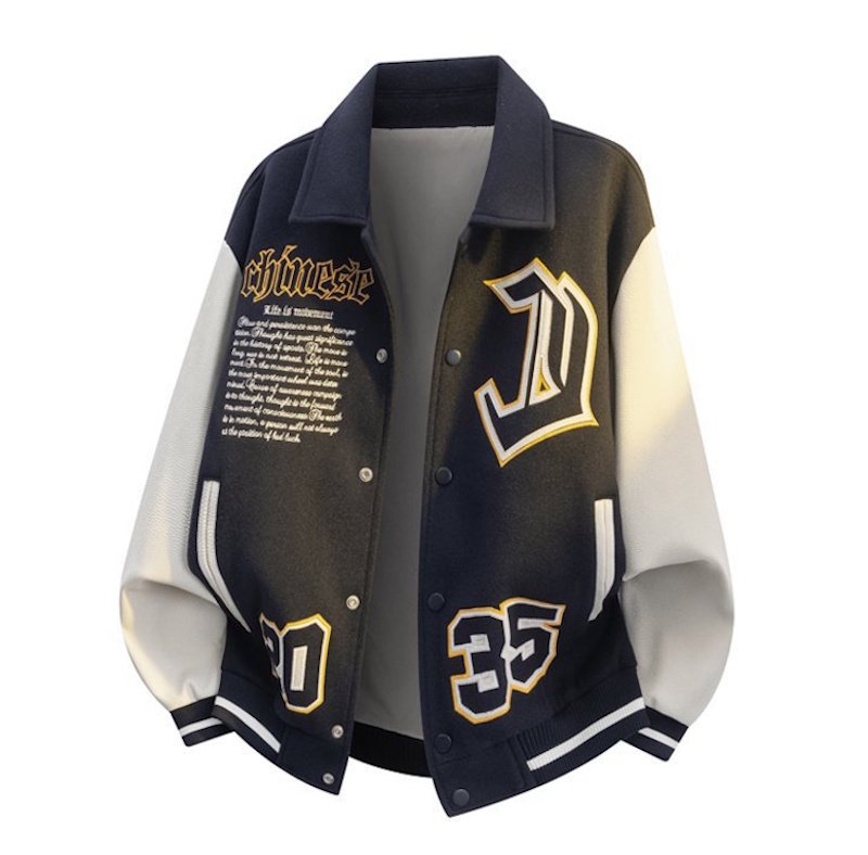 画像1: Color-block collared varsity jacket　ユニセックス男女兼用襟付き アメリカン刺繍スタジアムジャケットスタジャン (1)