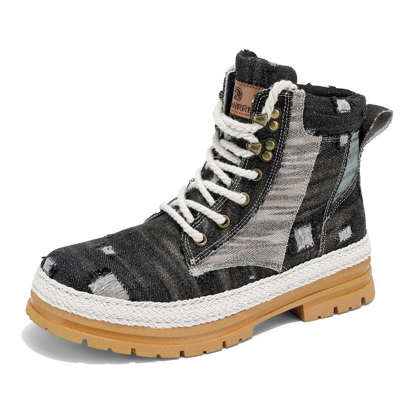 画像3: Men's Distressed denim & high-cut lace-up sneaker boots ユニセックス 男女兼用 ダメージデニム ハイカット レースアップ ワークブーツ スニーカーブーツマーティンブーツ (3)