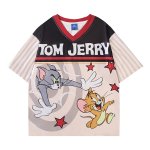 画像1: Unisex Tom and Jerry Chase V-Neck 3D  Uniform T-Shirt ユニセックス 男女兼用 チェイサー トムとジェリー Vネック ユニホームTシャツ Vネック カラーブロック 半袖 (1)