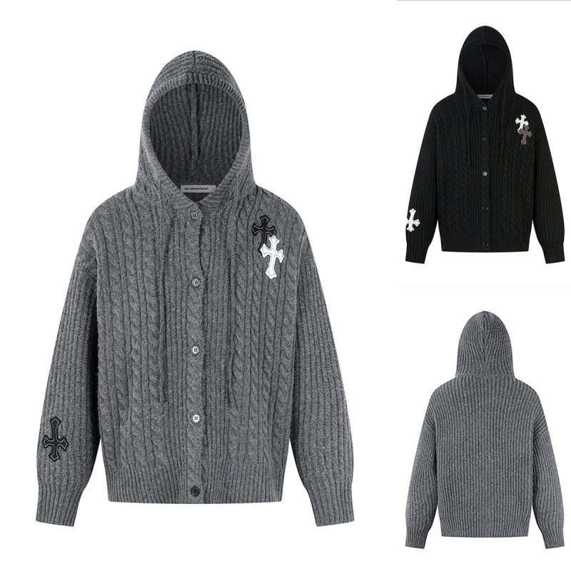 画像3:  Unisex Cross Emblem Hoodie Sweater Knitwear Cardigan　ユニセックス男女兼用クロスエンブレムフーディセーター ニットニットカーディガン 長袖セーター  (3)