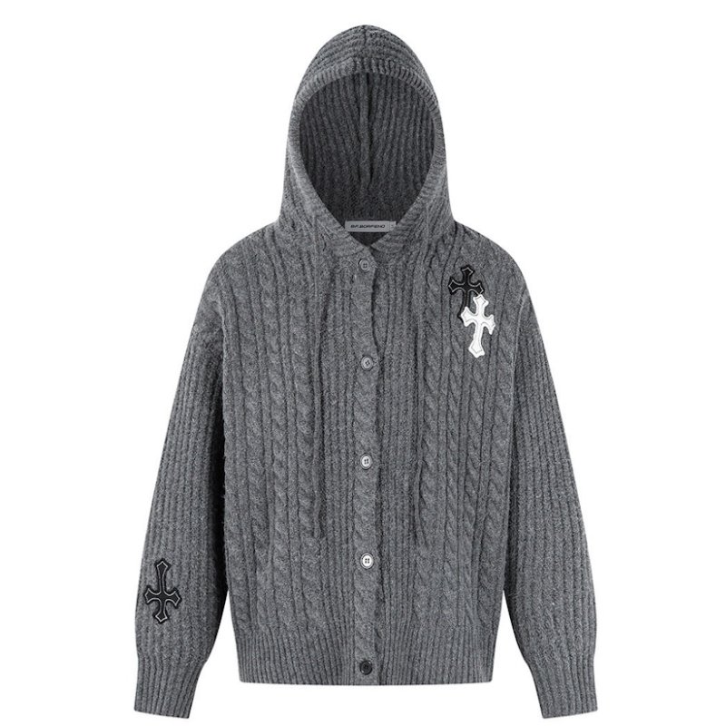 画像1:  Unisex Cross Emblem Hoodie Sweater Knitwear Cardigan　ユニセックス男女兼用クロスエンブレムフーディセーター ニットニットカーディガン 長袖セーター  (1)