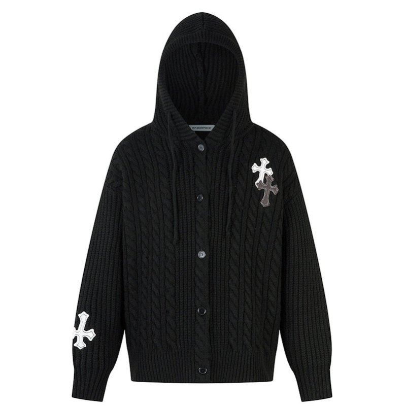 画像2:  Unisex Cross Emblem Hoodie Sweater Knitwear Cardigan　ユニセックス男女兼用クロスエンブレムフーディセーター ニットニットカーディガン 長袖セーター  (2)