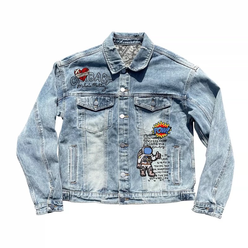 画像1: Astronaut & Heart Emblem Distressed Denim Jacket ユニセックス男女兼用宇宙飛行士＆ハートエンブレム ダメージデニムGジャン (1)