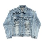 画像1: Doodle-style portrait Distressed Denim Jacket ユニセックス男女兼用落書き似顔絵 ダメージデニムGジャン (1)