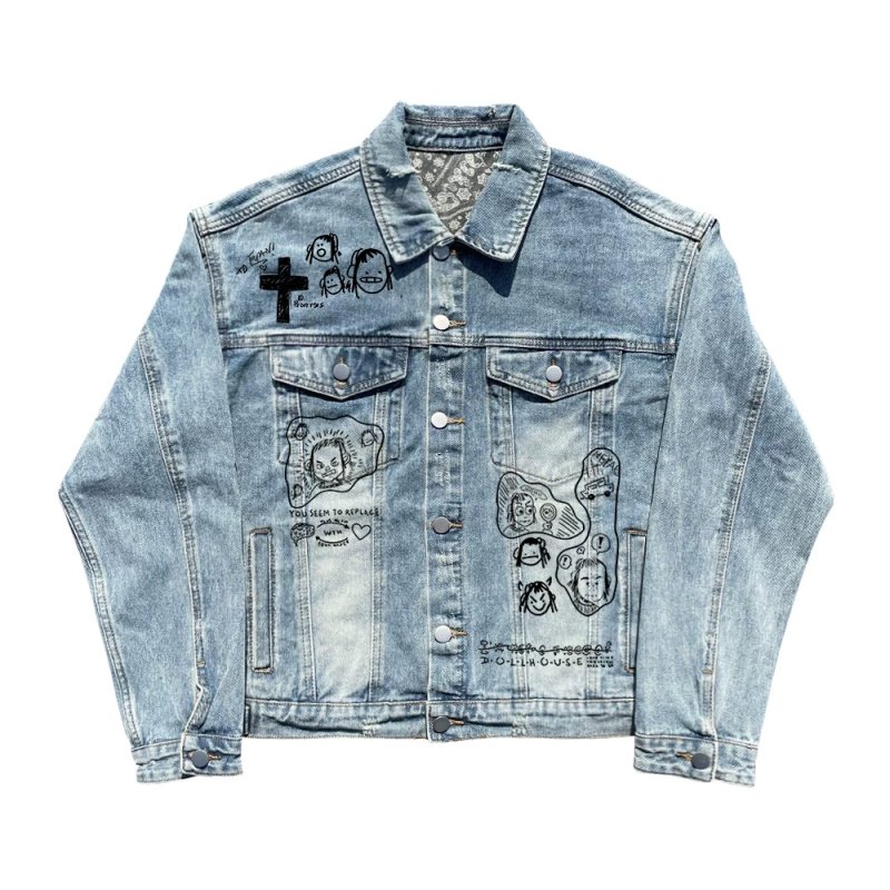 画像1: Doodle-style portrait Distressed Denim Jacket ユニセックス男女兼用落書き似顔絵 ダメージデニムGジャン (1)
