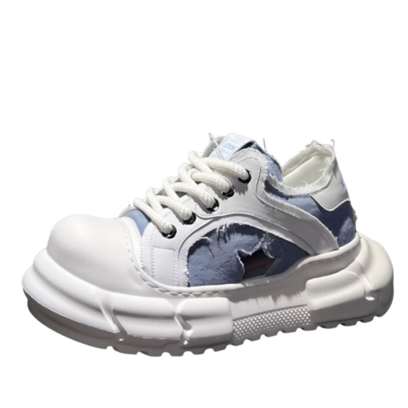 画像2: Unisex Distressed Denim Star Patchwork Platform Lace-Up Sneakersユニセックス 男女兼用 デニムスターパッチワークダメージ厚底レースアップスニーカー (2)