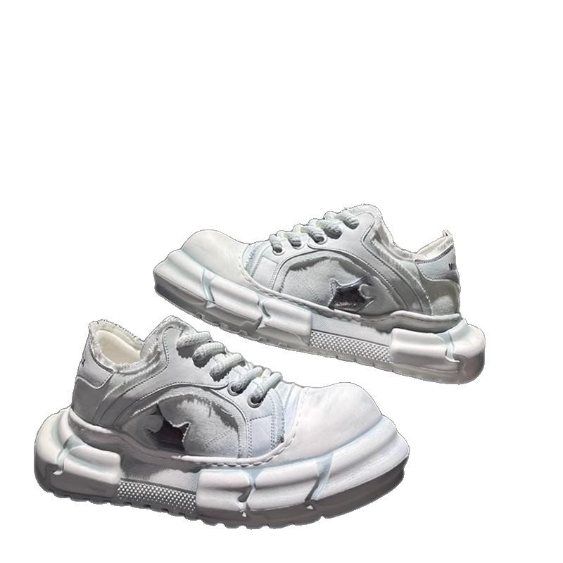 画像4: Unisex Distressed Denim Star Patchwork Platform Lace-Up Sneakersユニセックス 男女兼用 デニムスターパッチワークダメージ厚底レースアップスニーカー (4)