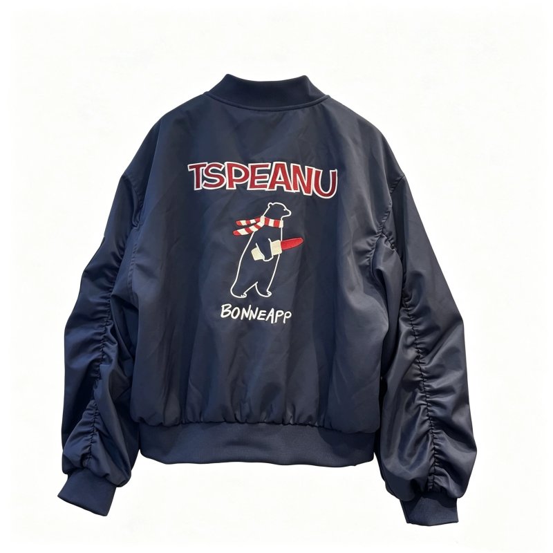 画像2: women's tspeanu Scarf-Wearing Bear Embroidery MA-1 Jacket Varsity Jacket ベア刺繍MA-1 ジャケット スタジャン (2)